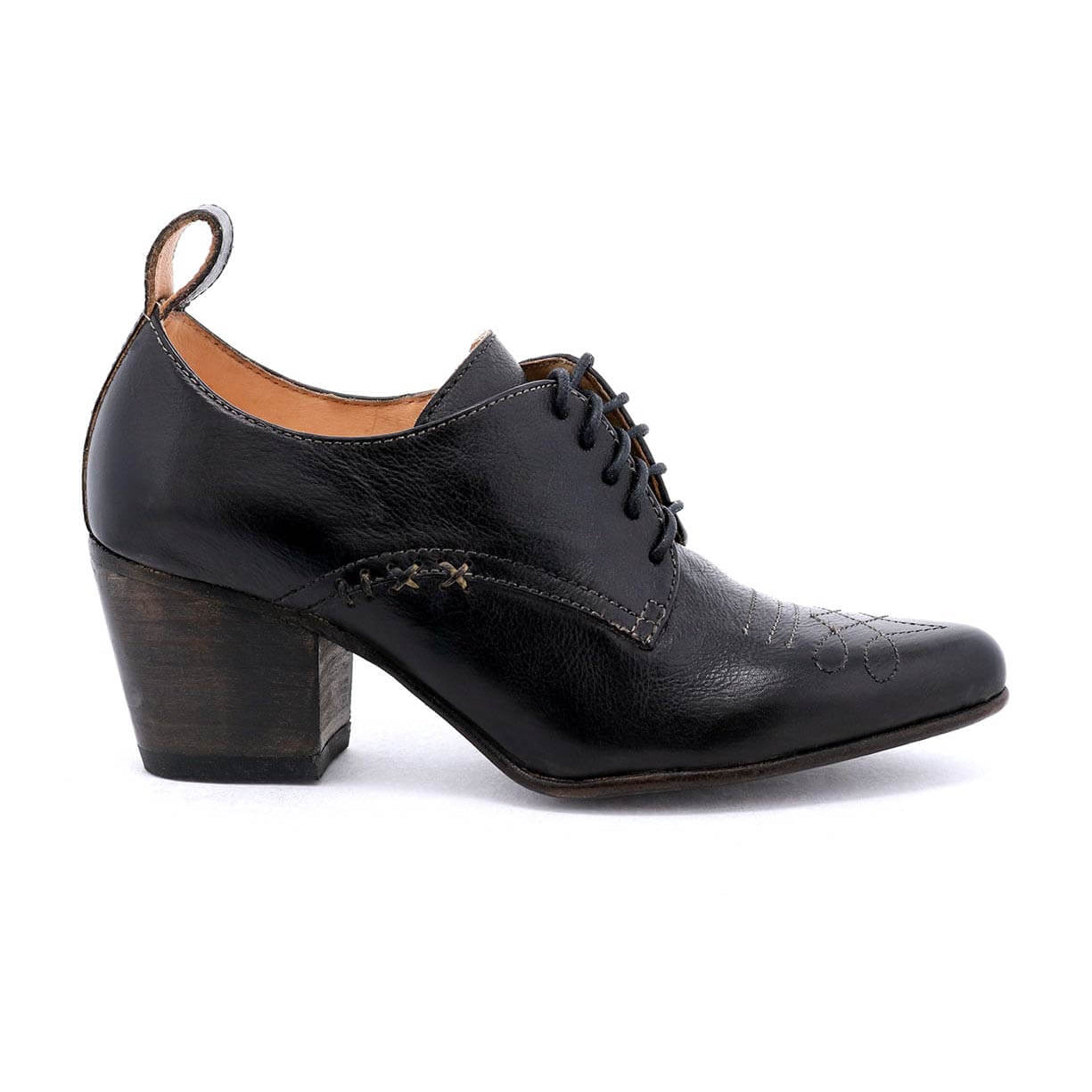 A Victorian inspired women's Braunstone black leather oxford shoe with wooden heel from Oak Tree Farms.
