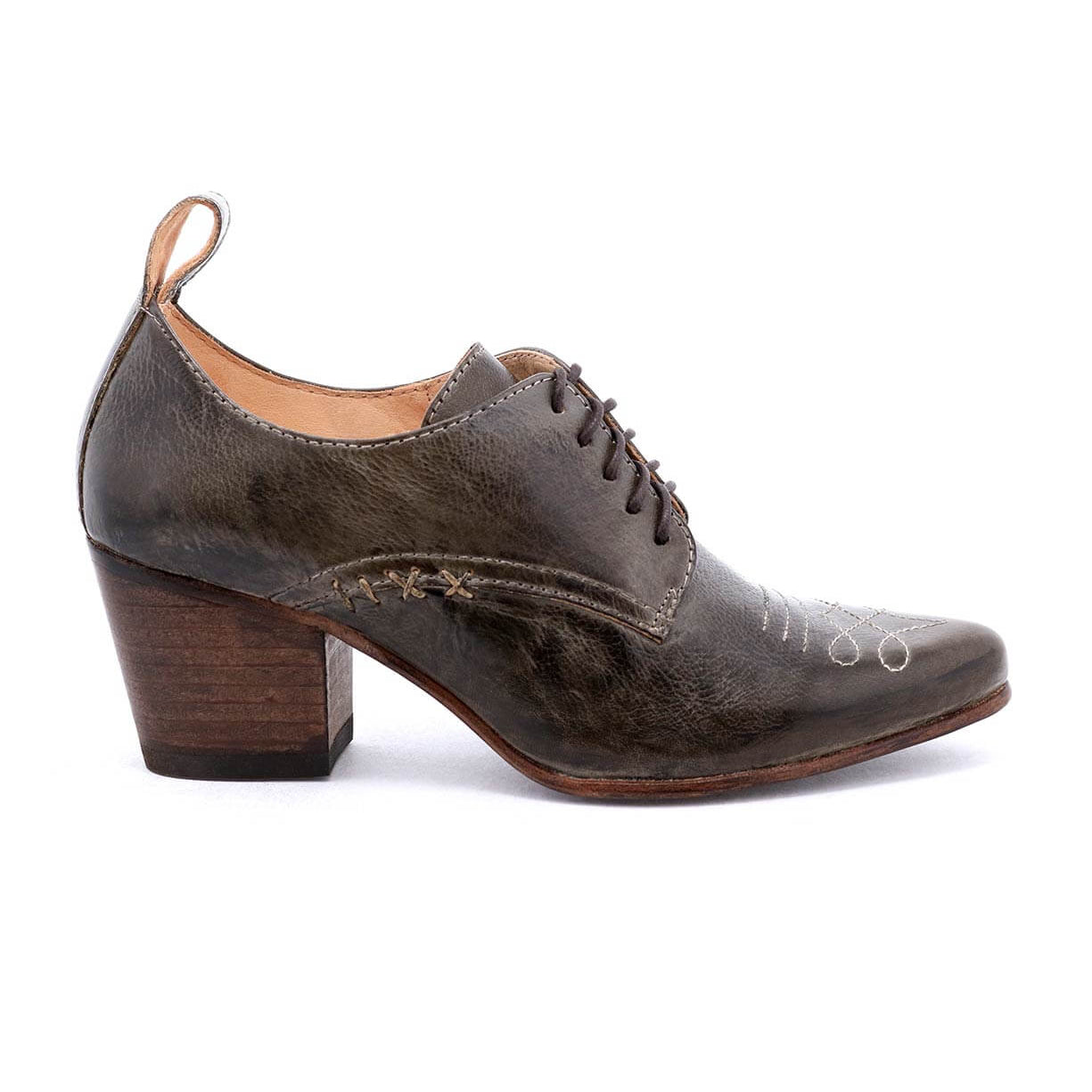 A women's Braunstone grey leather oxford shoe with a wooden heel, featuring a Victorian inspired silhouette, by Oak Tree Farms.