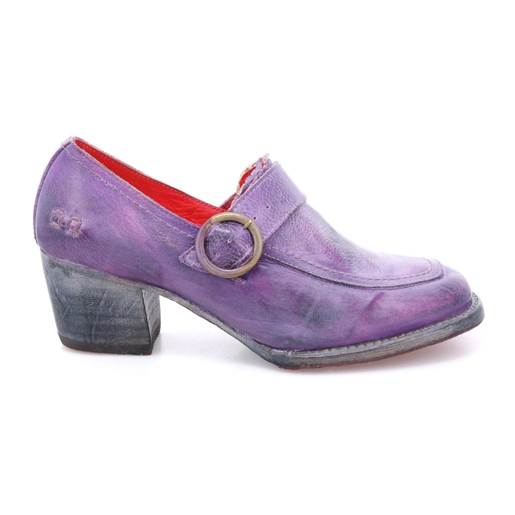 A women's purple Oak Tree Farms Dyba shoe with a metal buckle.