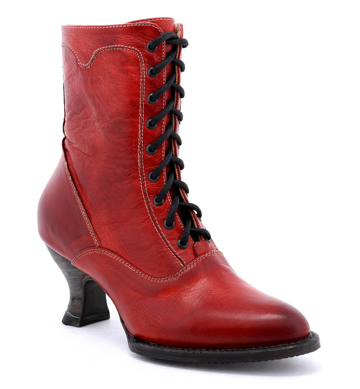 A hand-dyed women's red leather ankle boot with laces, crafted in an uncompromising quality reflecting Victorian style, named Eleanor by Oak Tree Farms.