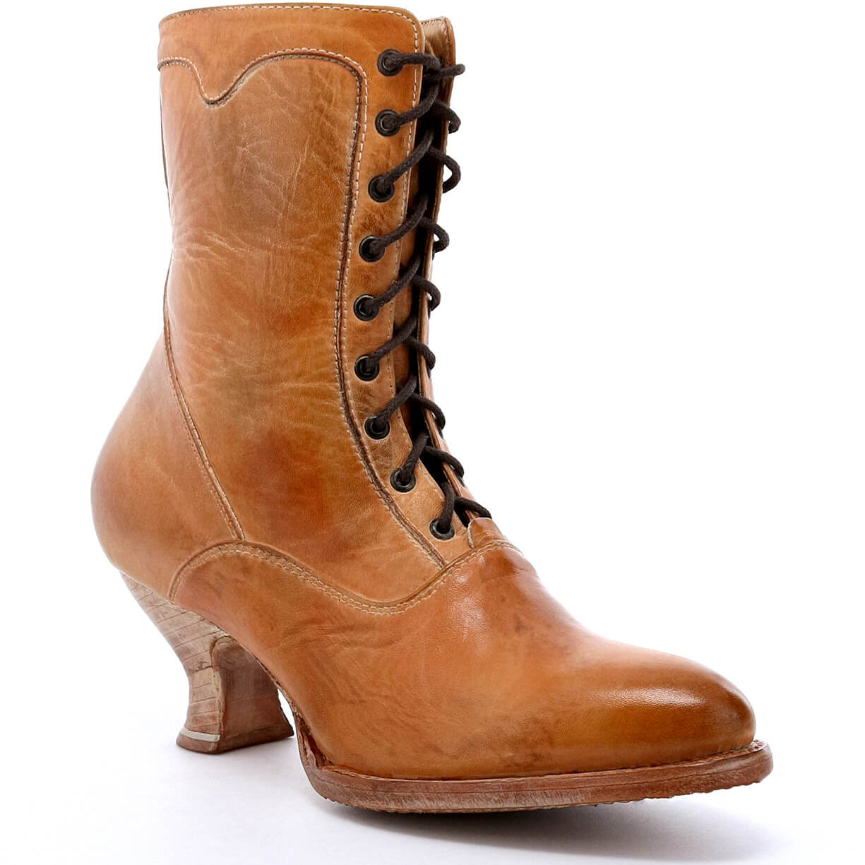 An Eleanor women's hand-dyed tan leather boot with laces, combining Victorian style and uncompromising quality from Oak Tree Farms.