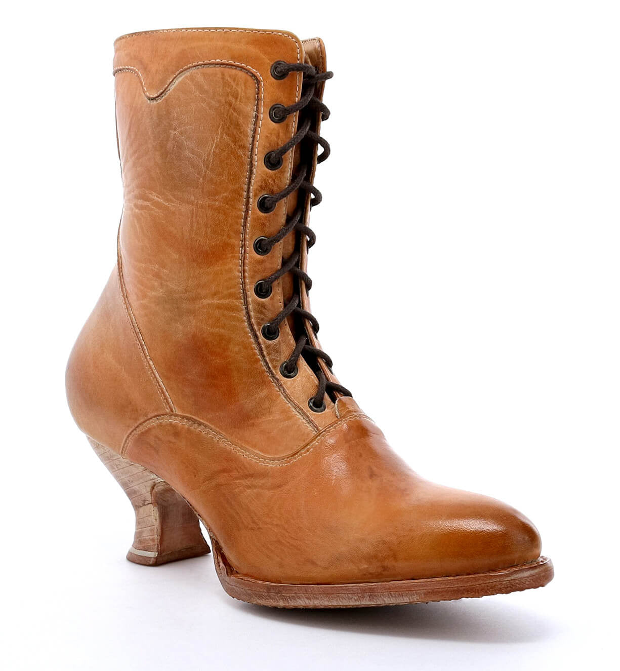 An Eleanor women's hand-dyed tan leather boot with laces, combining Victorian style and uncompromising quality from Oak Tree Farms.