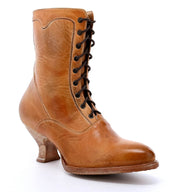 An Eleanor women's hand-dyed tan leather boot with laces, combining Victorian style and uncompromising quality from Oak Tree Farms.