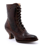 A women's Eleanor Victorian style brown leather boot with wooden heel of uncompromising quality, by Oak Tree Farms.