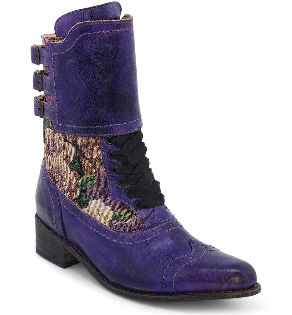 A pair of beautifully crafted Oak Tree Farms Faye leather boots adorned with intricate floral designs, in a striking purple hue.