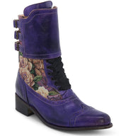 A pair of beautifully crafted Oak Tree Farms Faye leather boots adorned with intricate floral designs, in a striking purple hue.