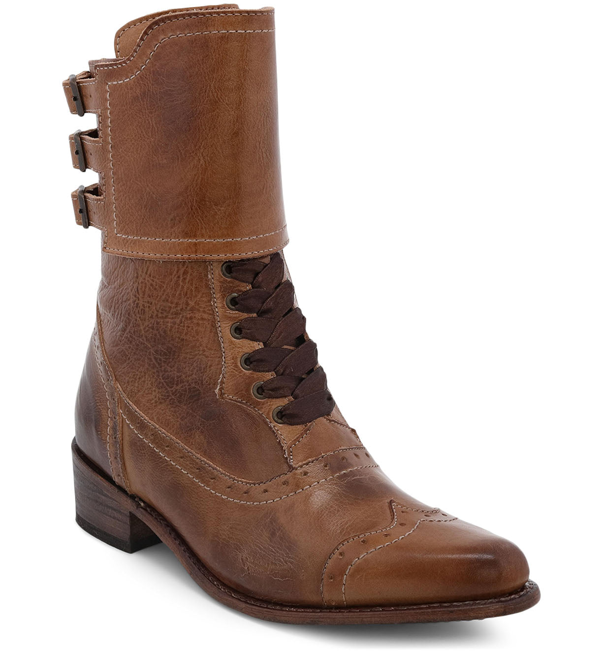 The Oak Tree Farms Faye, a handcrafted leather riding boot with laces, features a sleek tan color.