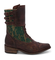 A beautiful Faye boot crafted for women, featuring a brown color and adorned with green lace from Oak Tree Farms.