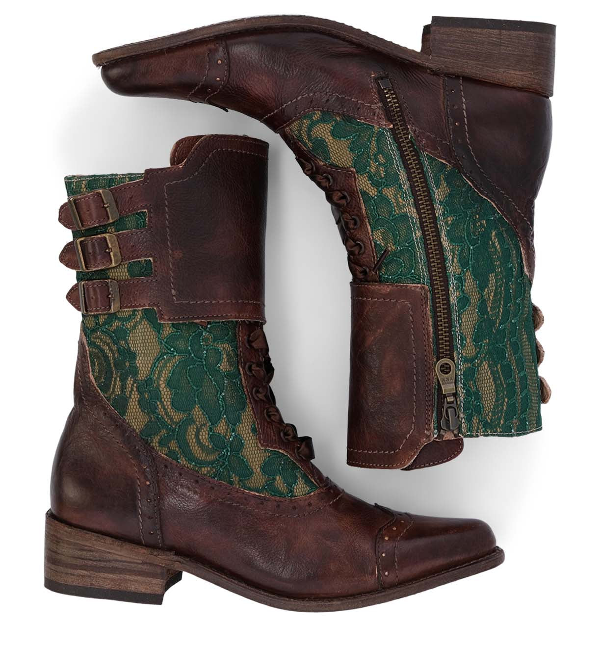 A handcrafted pair of Faye boots by Oak Tree Farms, in brown and green with zippers, perfect for riding.