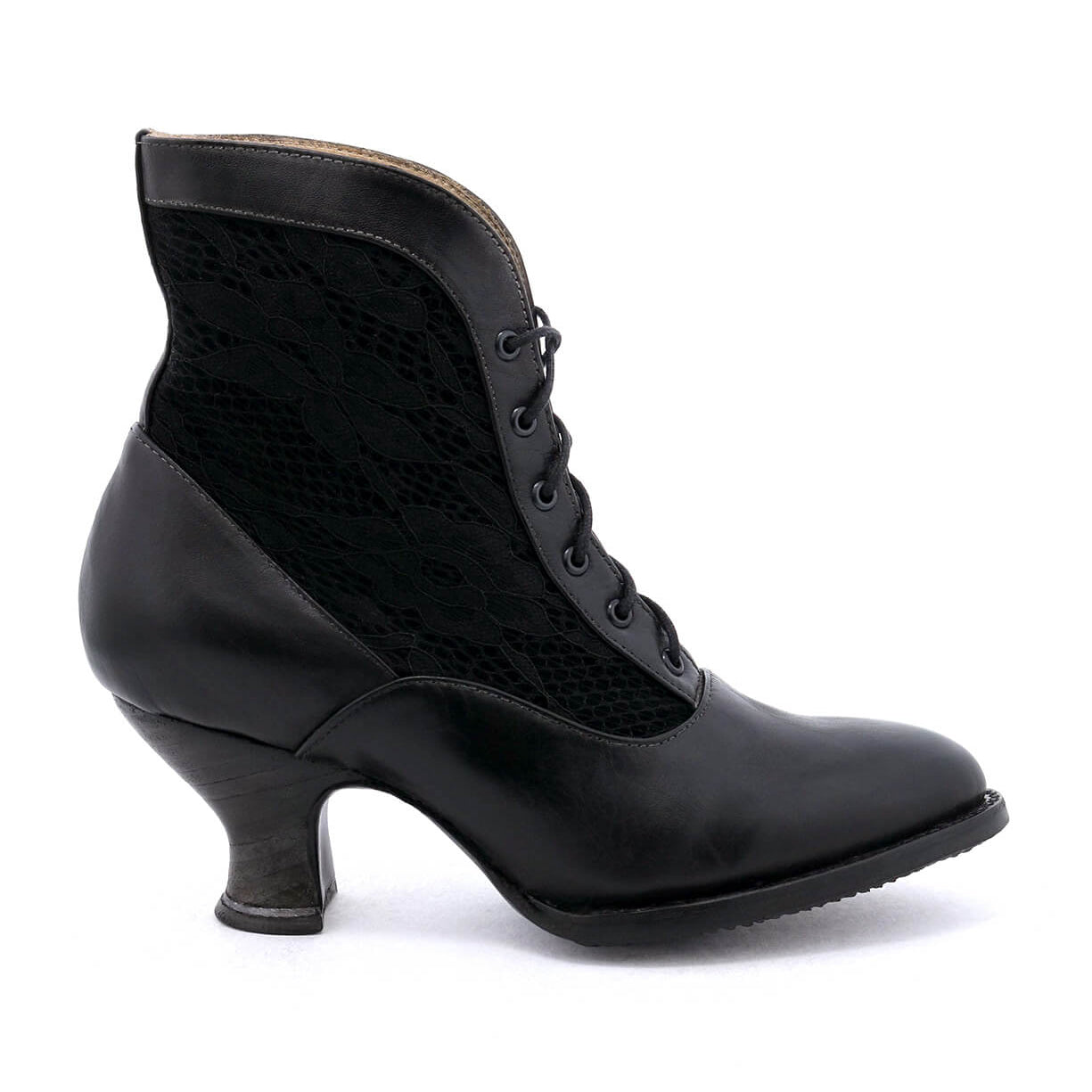 The Oak Tree Farms Jacquelyn ankle boot combines black rustic lace with a touch of romance for a stunning women's footwear option.