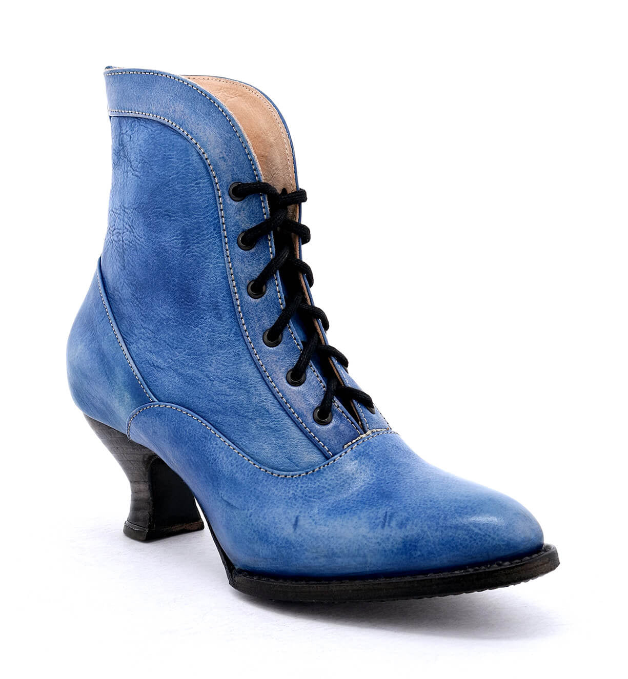 A handcrafted Jacquelyn by Oak Tree Farms women's blue leather ankle boot with a leather welted outsole.