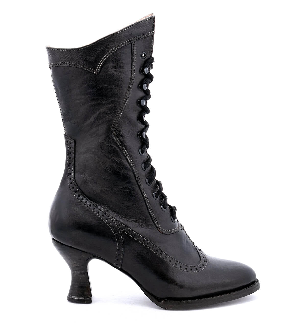 A hand crafted women's black leather boot with lace up detail, called Jasmine by Oak Tree Farms.