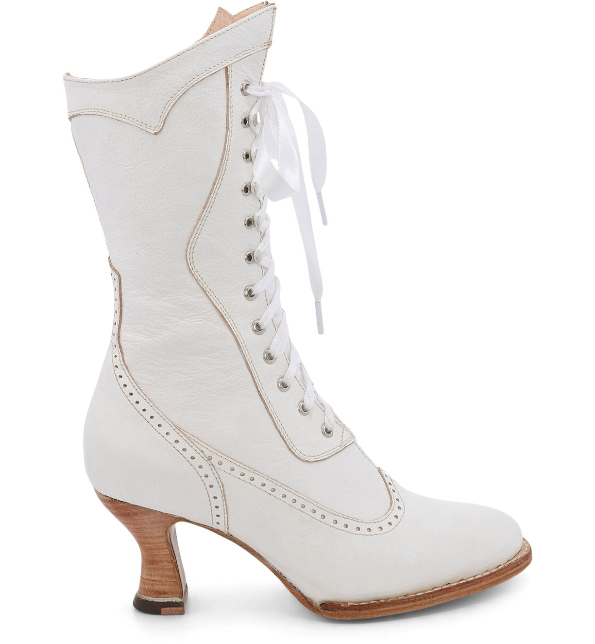 A white women's Jasmine lace-up boot from Oak Tree Farms with a wooden heel and hand dyed Black Rustic leather.