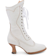 A white women's Jasmine lace-up boot from Oak Tree Farms with a wooden heel and hand dyed Black Rustic leather.