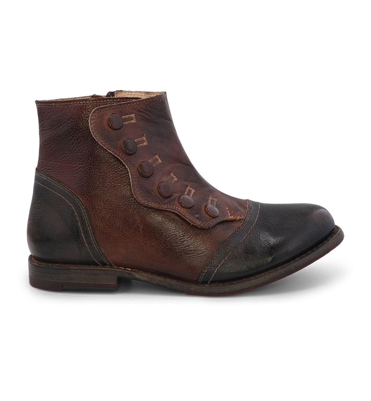 A women's brown leather ankle bootie, the Josephine by Oak Tree Farms, with a YKK zipper.