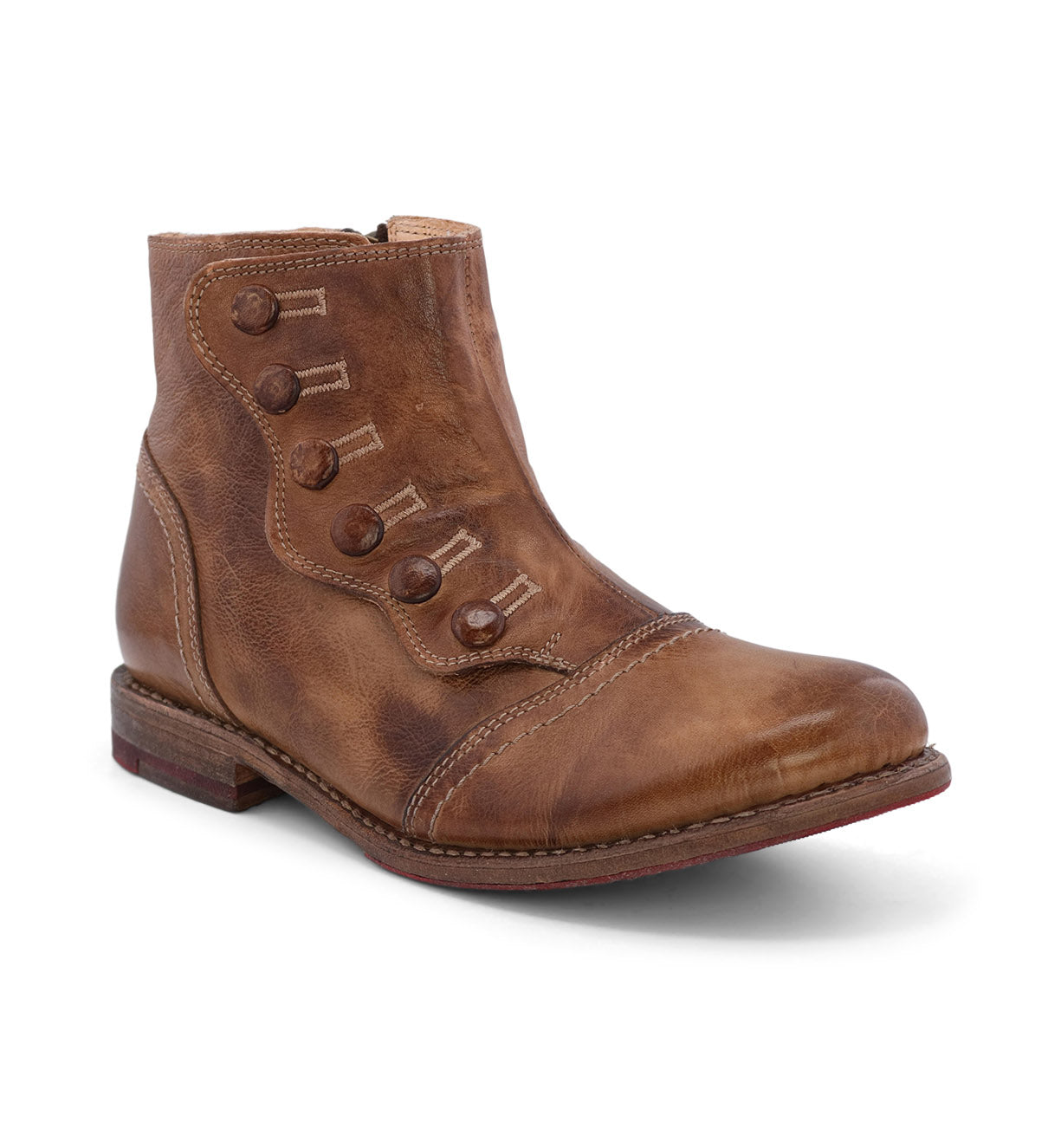 A Josephine boot by Oak Tree Farms, made of tan leather and featuring buttons on the side.