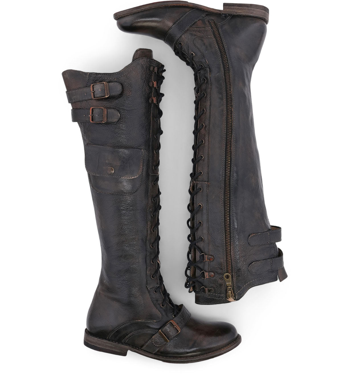 A pair of Oak Tree Farms black boots with vegetable tanned leather and buckles named Meryl.