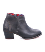 A women's Oak Tree Farms Mini black leather short boot with a stacked purple heel.