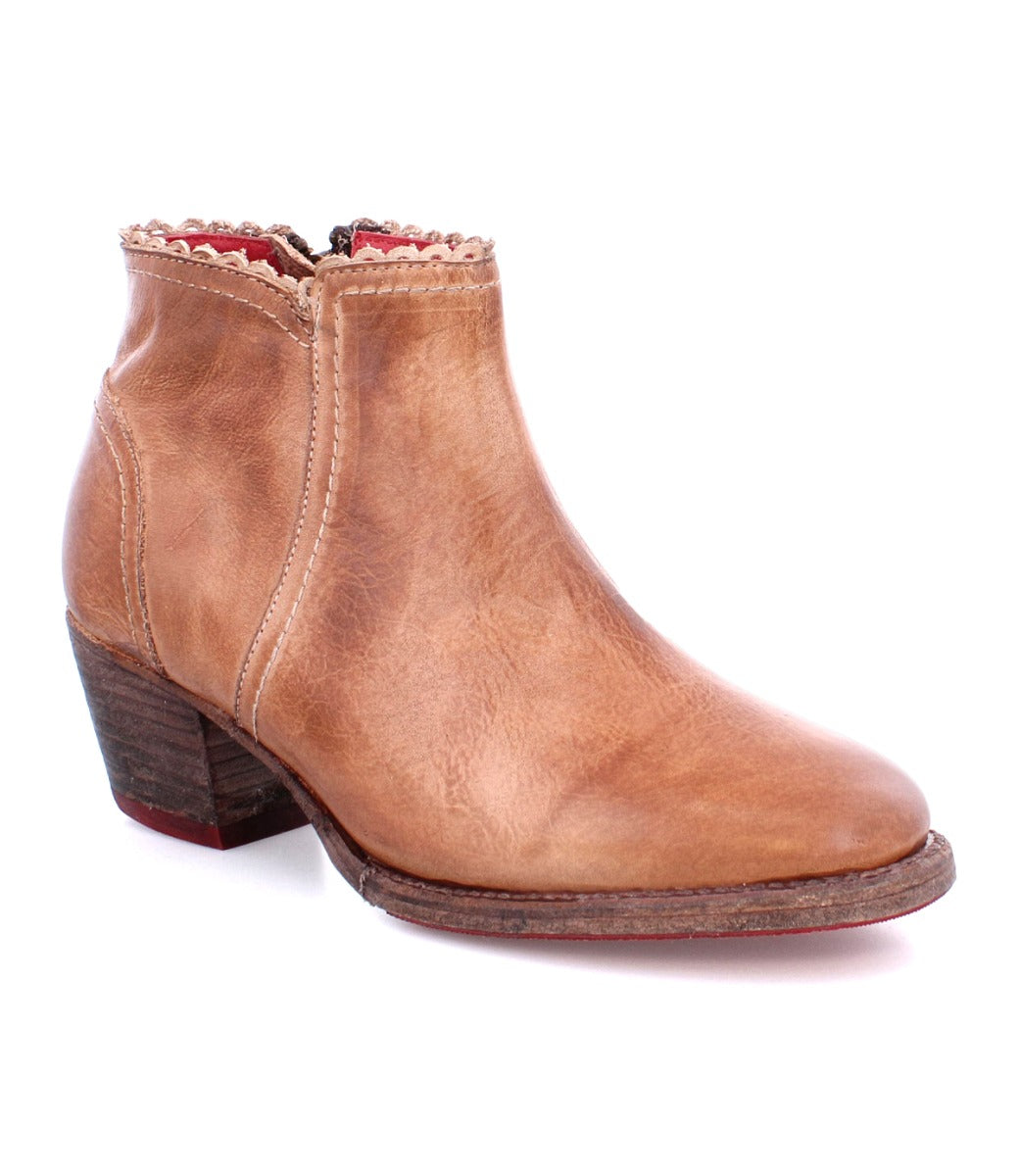 A women's Oak Tree Farms Mini leather short boot in tan, featuring a comfortable stacked heel.