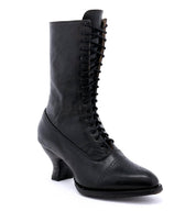 The Oak Tree Farms Mirabelle is a stylish women's black boot made of leather, featuring laces and a fashionable heel.