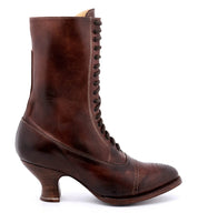 Oak Tree Farms Mirabelle, a women's brown leather boot with grommet laces and a wooden heel.