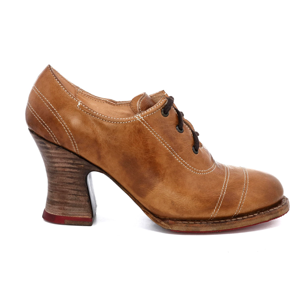 An enchanting women's brown Nanny oxford shoe with a wooden heel by Oak Tree Farms.