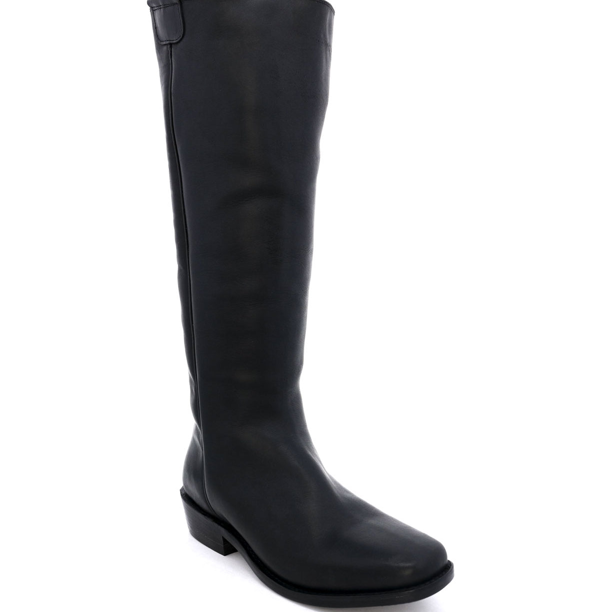 An Oak Tree Farms Pale Rider men's tall black leather riding boot on a white background.