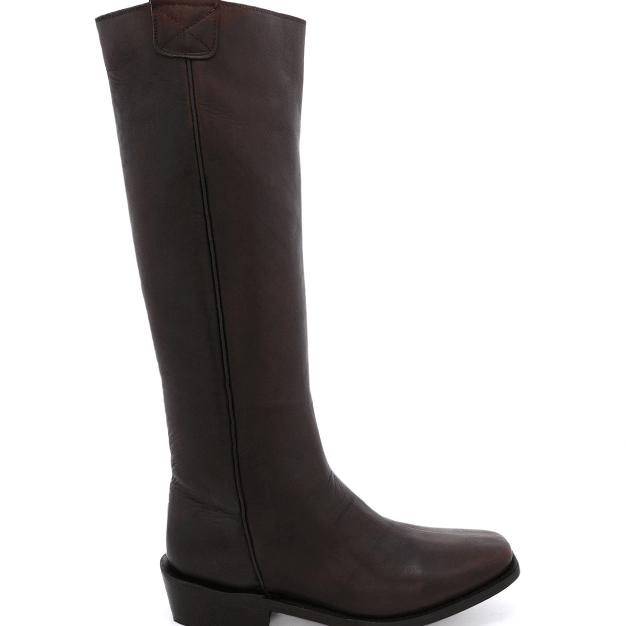 An Oak Tree Farms Pale Rider women's brown leather riding boot on a black background.