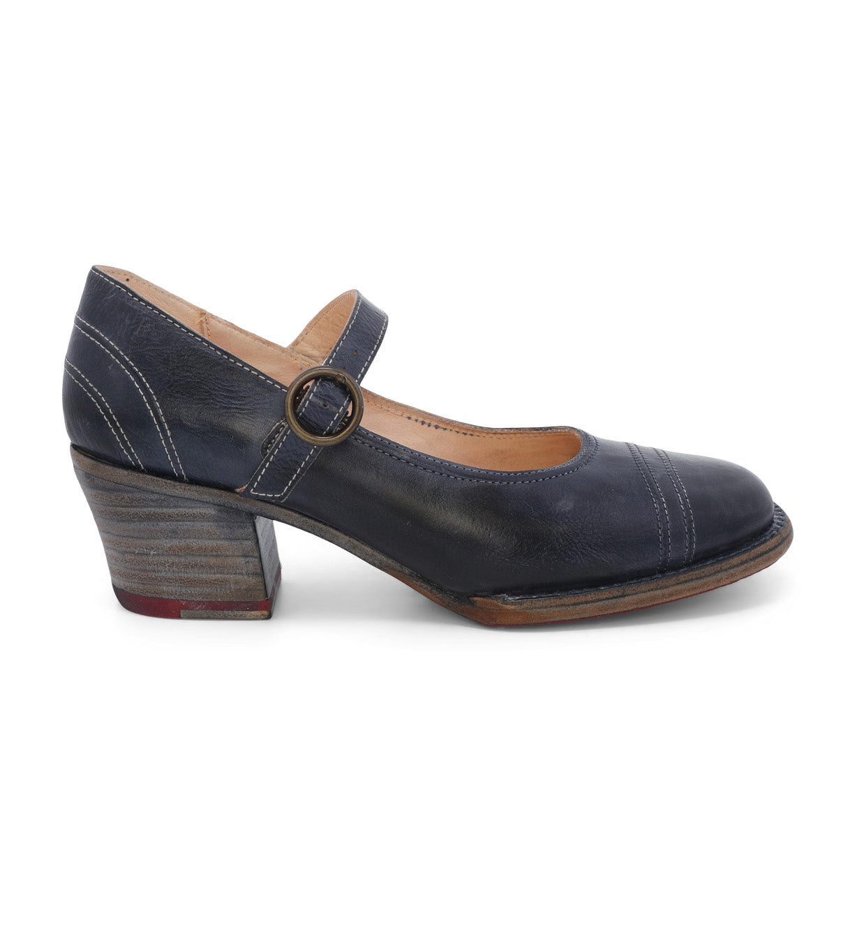 A women's blue mary jane shoe with a wooden heel in the Oak Tree Farms Twigley style.