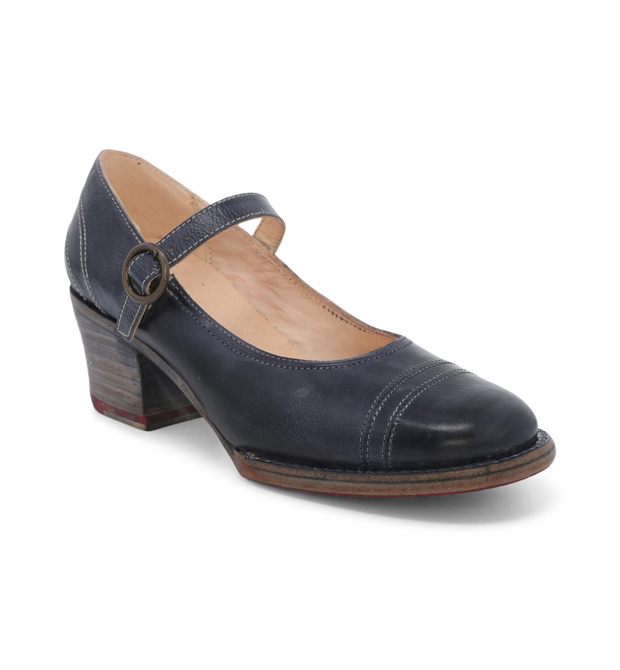A women's blue leather Mary Jane shoe with a wooden heel in Oak Tree Farms Twigley style.