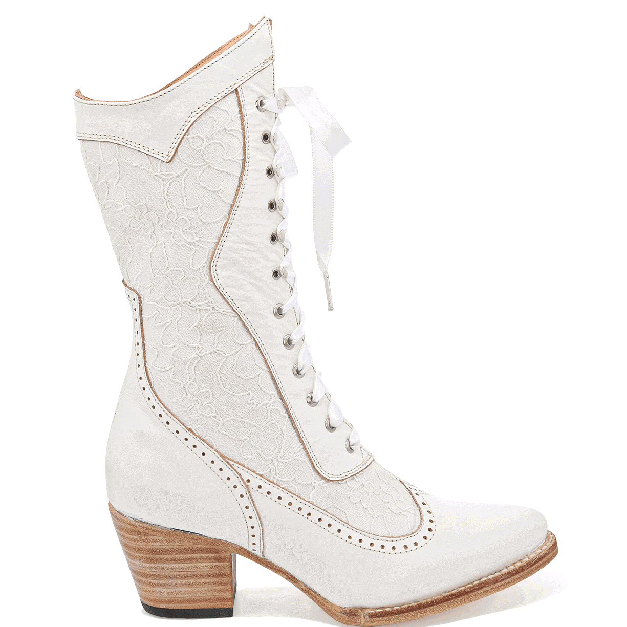 A seductive Oak Tree Farms Biddy lace-up boot with a wooden heel.