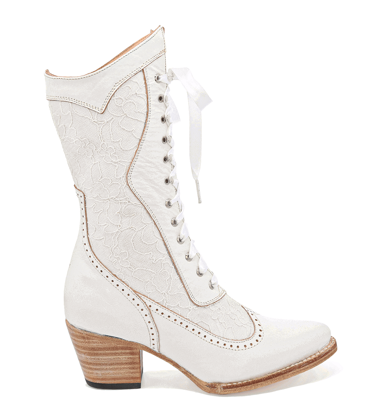 A seductive Oak Tree Farms Biddy lace-up boot with a wooden heel.