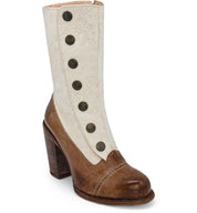 The Oak Tree Farms Amelia is a leather women's boot with buttons and a wooden heel.