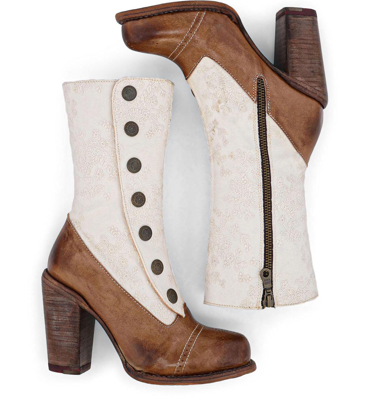 A pair of white and brown Oak Tree Farms Amelia boots with buttons.