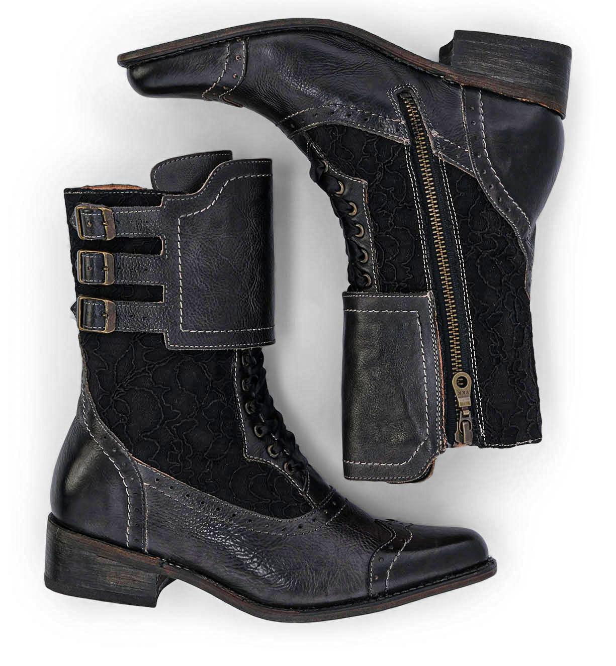 A pair of handcrafted Oak Tree Farms Faye leather riding boots with zippers and buckles.